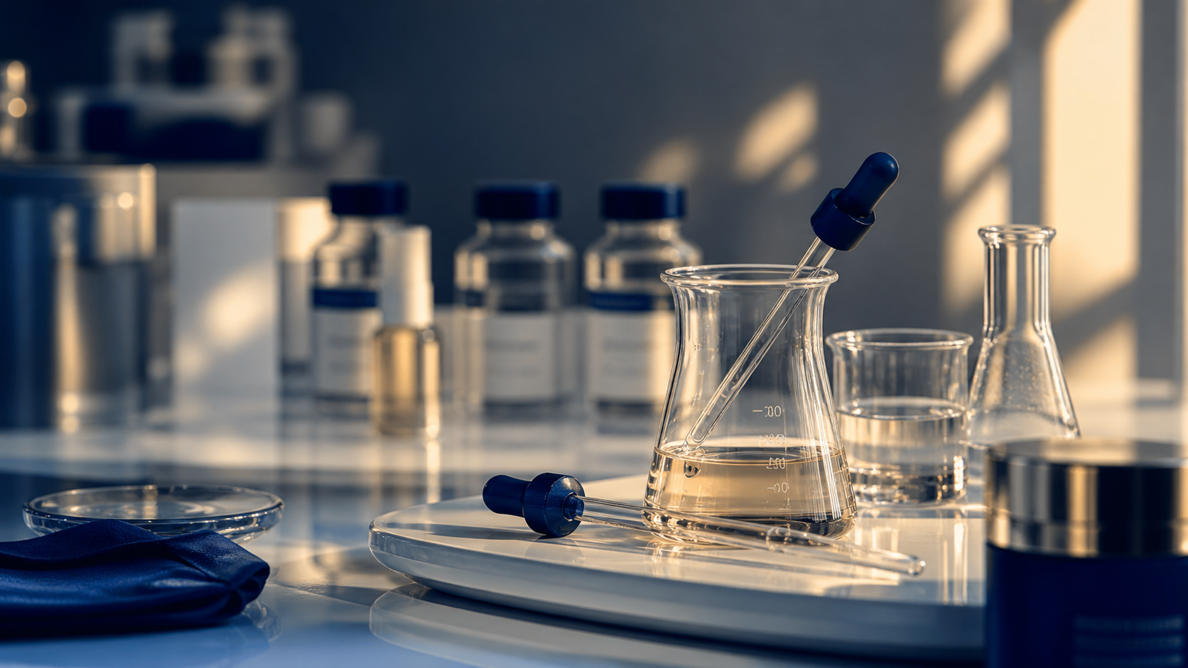 Laboratorio PepLab Co — beakers y pipetas en luz golden hour